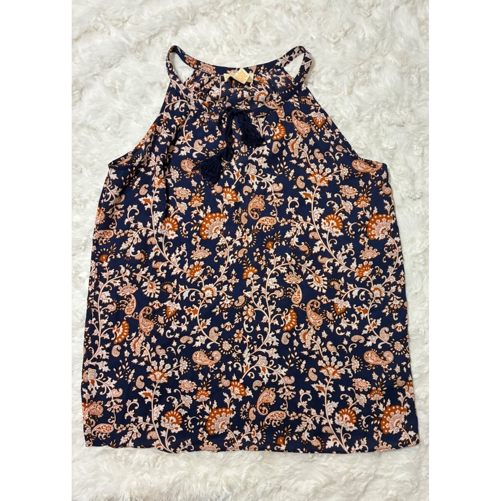Lucy & Laurel Paisley Halter Tank Top Navy Orange XS Boho Tassel Blouse